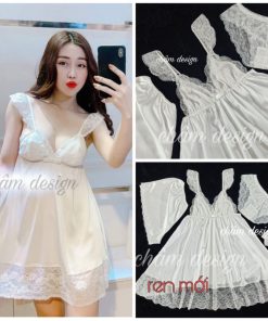 váy ngủ lụa satin trắng tay ren gắn nơ 2 tầng