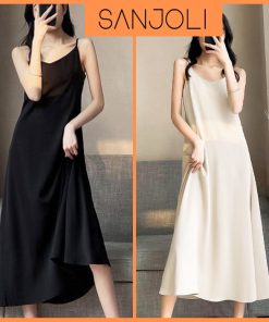 Váy Lụa 2 Dây Maxi Suông SANJOLI Đầm Đi Biển Dáng Dài Mặc đi chơi Ngủ Trẻ Trung Màu Trắng Đen VD027-thoitrangcenter