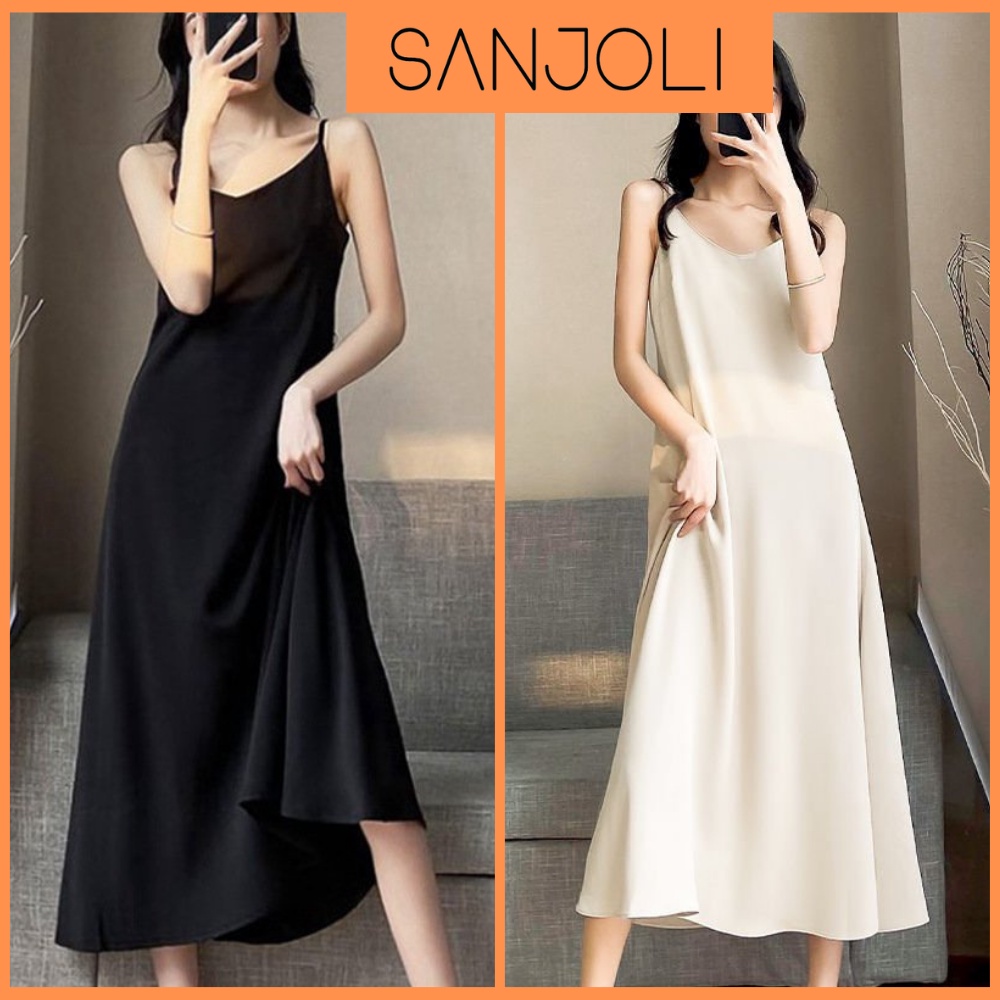 Váy Lụa 2 Dây Maxi Suông SANJOLI Đầm Đi Biển Dáng Dài Mặc đi chơi Ngủ Trẻ Trung Màu Trắng Đen VD027-thoitrangcenter