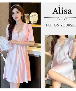 Alisa Premium Ice Silk Pyjama Váy ngủ cổ chữ V mặc ở nhà-thoitrangcenter