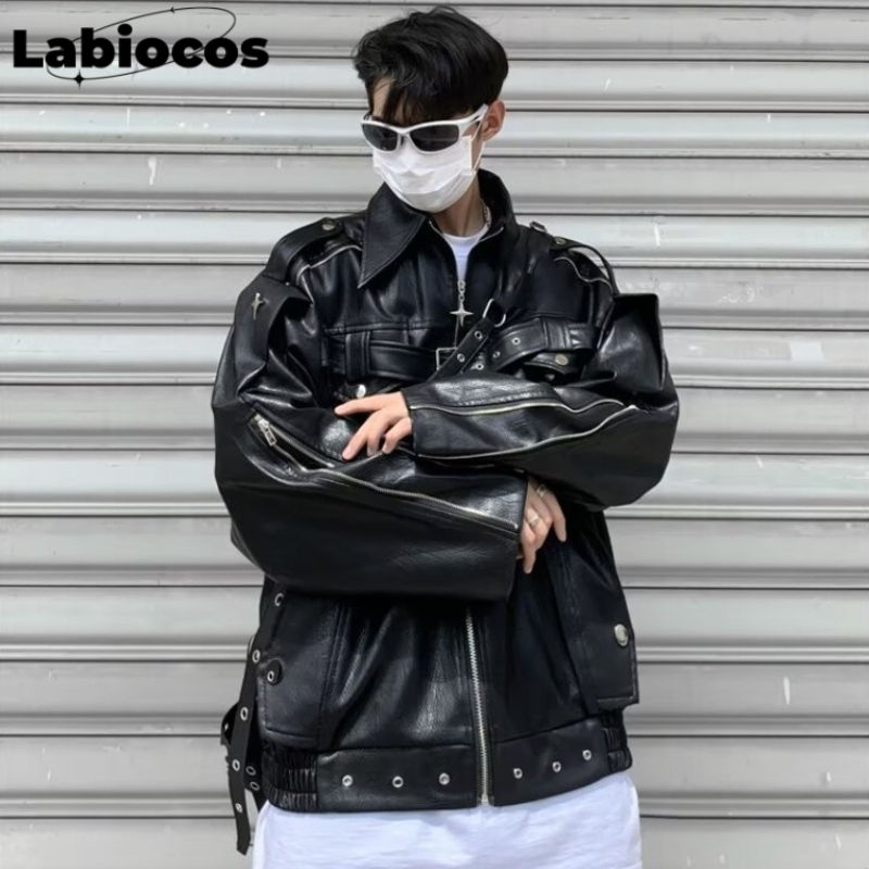 Labiocos Rãnh Nam Retro Áo Khoác Da Ngắn Mới Thu Đông Mỹ Retro Cao Cấp Thiết Kế Đường Phố Áo Dài Tay-thoitrangcenter