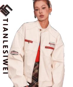 Tianlesiwei Mùa thu retro nam nữ dáng rộng giản dị áo khoác da pu kiểu dáng xe máy đường phố cao cấp kiểu Mỹ-thoitrangcenter