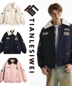 Tianlesiwei Áo khoác bóng chày dày dáng rộng mùa thu đông kiểu Mỹ Lambfleeceece áo khoác cotton màu phù hợp-thoitrangcenter