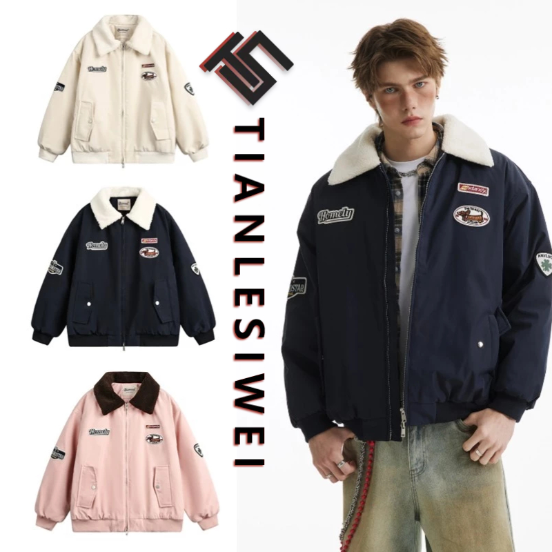 Tianlesiwei Áo khoác bóng chày dày dáng rộng mùa thu đông kiểu Mỹ Lambfleeceece áo khoác cotton màu phù hợp-thoitrangcenter