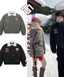 Tianlesiwei Mùa đông nam nữ thêu dày áo khoác bóng chày kiểu Mỹ cổ cừu cổ điển áo khoác cotton-thoitrangcenter