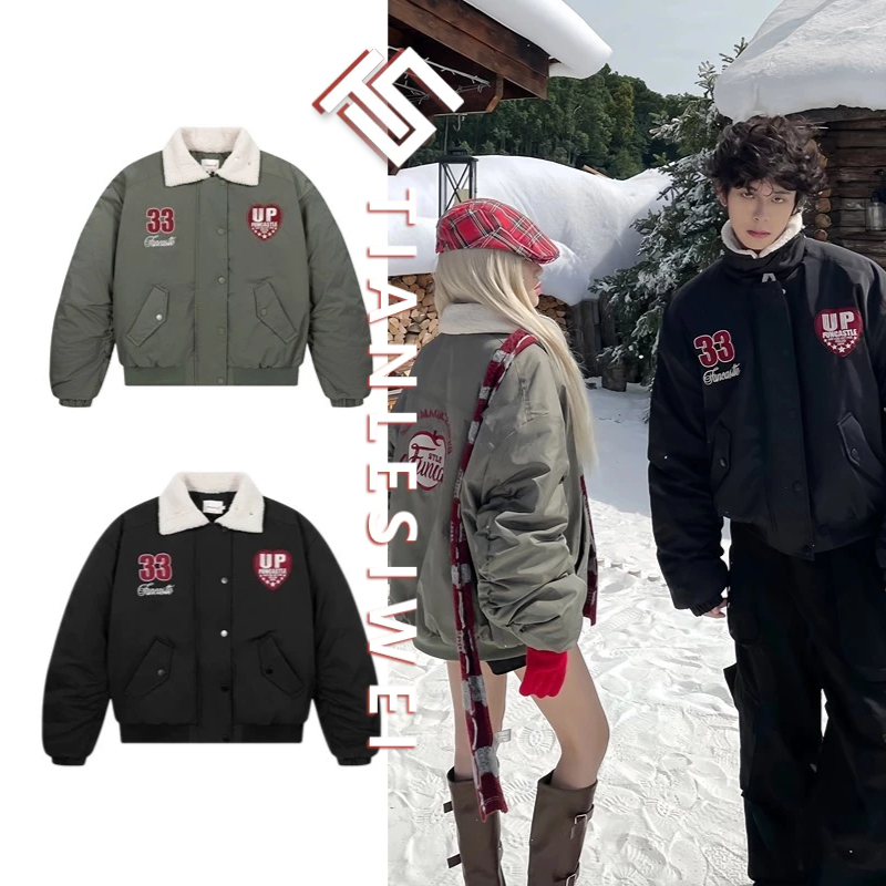 Tianlesiwei Mùa đông nam nữ thêu dày áo khoác bóng chày kiểu Mỹ cổ cừu cổ điển áo khoác cotton-thoitrangcenter