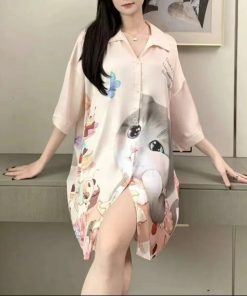 Bộ Đồ Ngủ Nữ  Mùa Hè Ren Váy Ngủ Băng Lụa Tay Ngắn Mỏng Phong Cách Rời Kích Thước Lớn Gợi Cảm Áo Sơ Mi Bộ Đồ Ngủ Đầm Loungewear Nữ-thoitrangcenter