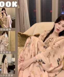 Dễ thương bướm dài tay đồ ngủ cho Phụ nữ mùa xuân và mùa thu mới phong cách Hàn Quốc Loose Casual Homewear nightdress có thể được mặc bên ngoài-thoitrangcenter