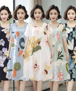 Váy ngủ dài vừa phải dành cho nữ Bộ đồ ngủ rộng thực vật Váy hoa in hình Loungewear plus size M-5XL 30-100kg-thoitrangcenter