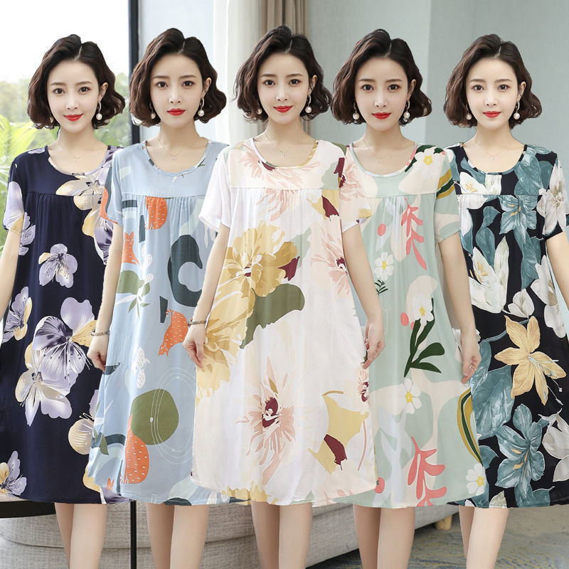 Váy ngủ dài vừa phải dành cho nữ Bộ đồ ngủ rộng thực vật Váy hoa in hình Loungewear plus size M-5XL 30-100kg-thoitrangcenter