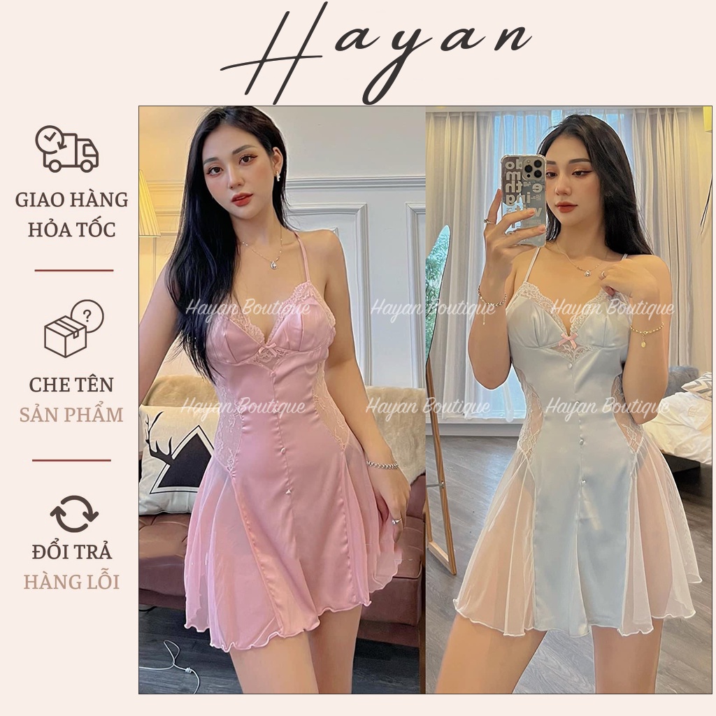 HT214 Váy ngủ sexy phối ren hông xuyên thấu kèm ĐỆM LÓT