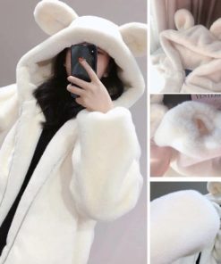 Áo Khoác Lông nam nữ có mũ tai gấu khóa kép Áo Lông Thỏ Phối Tai Gấu Mèo-thoitrangcenter