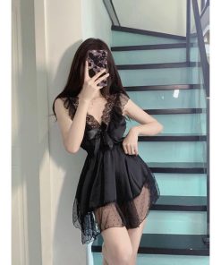 Tặng kèm chip - Váy ngủ lụa phối ren đính nơ ngực gợi cảm