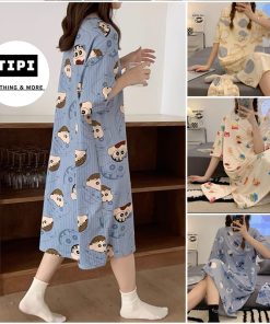 Váy ngủ cộc tay đầm ngủ dáng suông chất cotton mềm mát họa tiết hoạt hình dễ thương P3-H-thoitrangcenter