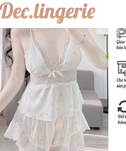 Set đồ ngủ hai dây lụa satin phối ren họa tiết nhí dễ thương cạp chun có đệm ngực DB02-thoitrangcenter