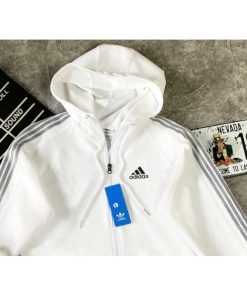 Mềm Mịn Không Nhăn Có Mũ Chống Nắng Màu Trắng Khoá Kéo 3 Sọc Áo Khoác Thu Đông-thoitrangcenter