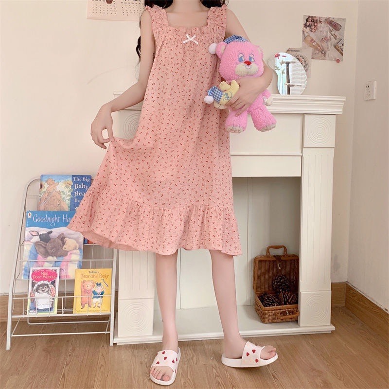 Váy 2 dây váy ngủ ngắn tay chất đũi nhăn dáng rộng phong cách công chúa bánh bèo M1342-thoitrangcenter