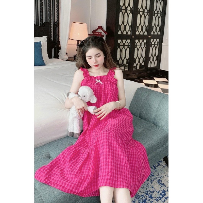 váy hai dây mặc nhà họa tiết caro mặc siêu xinh