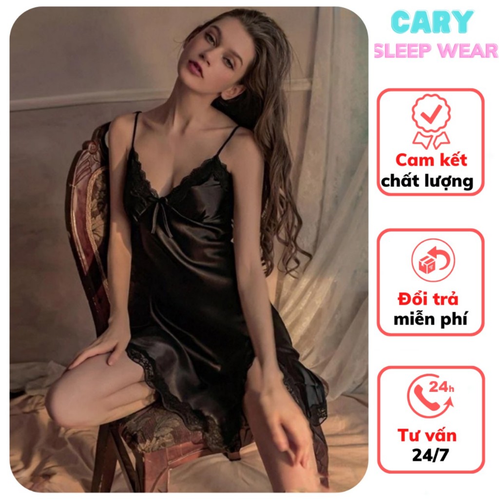 Váy ngủ CARY hai dây phi lụa trơn xẻ tà mặc nhà sexy gợi cảm quyến rũ CARY-thoitrangcenter