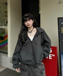 Áo khoác dây kéo from boxy 2 da dày dặn thêu nổi cổ cao không bám lông basic tay phồng Codes Studio-thoitrangcenter