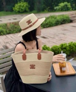 Set túi mũ cói đai da chữ X sang chảnh-thoitrangcenter