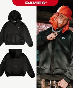 Áo khoác form boxy zip có mũ DAVIES màu đen Hooded Jacket POL| D33-AK2-thoitrangcenter
