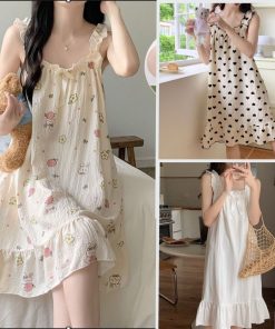 Đầm Ngủ 2 Dây Ngắn Tay Phong Cách Công Chúa - In Hoa Mới Chất Vải Đũi Xốp Xịn Xò-thoitrangcenter