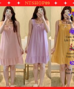 Váy ngủ nữ hai dây trơn đính nơ xinh xắn S2051   Váy mặc nhà   Đồ ngủ nữ   Đầm ngủ mặc nhà nữ-thoitrangcenter
