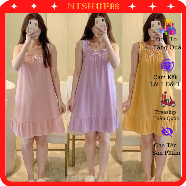 Váy ngủ nữ hai dây trơn đính nơ xinh xắn S2051 Váy mặc nhà Đồ ngủ nữ Đầm ngủ mặc nhà nữ-thoitrangcenter