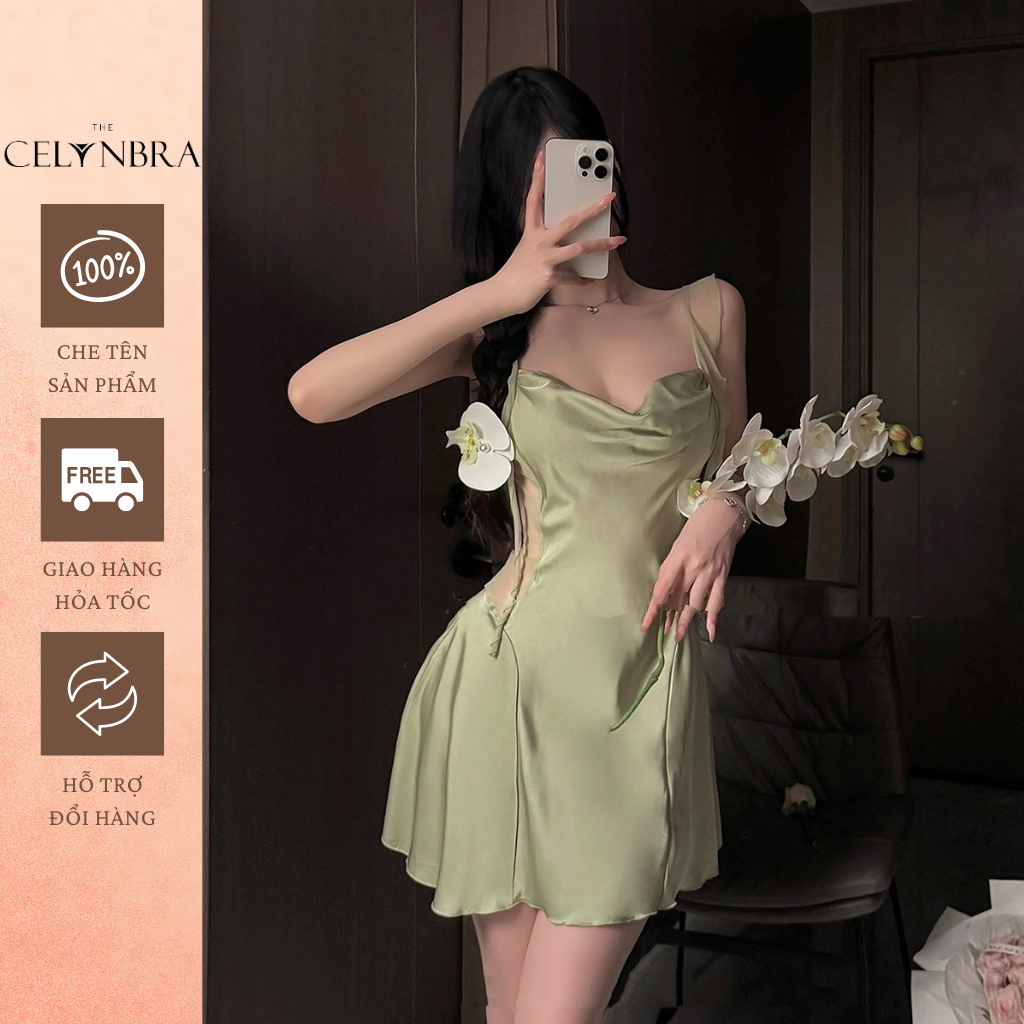 Váy ngủ 2 dây sexy có mút ngực cổ đổ phối dây cánh tiên THE CELYNBRA - V154-thoitrangcenter