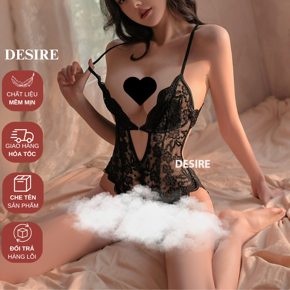 Váy ngủ ren liền thân xẻ đáy cài ngực trước xẻ mông nơ lụa sau gợi cảm sexy DESIRE VN-8748-thoitrangcenter