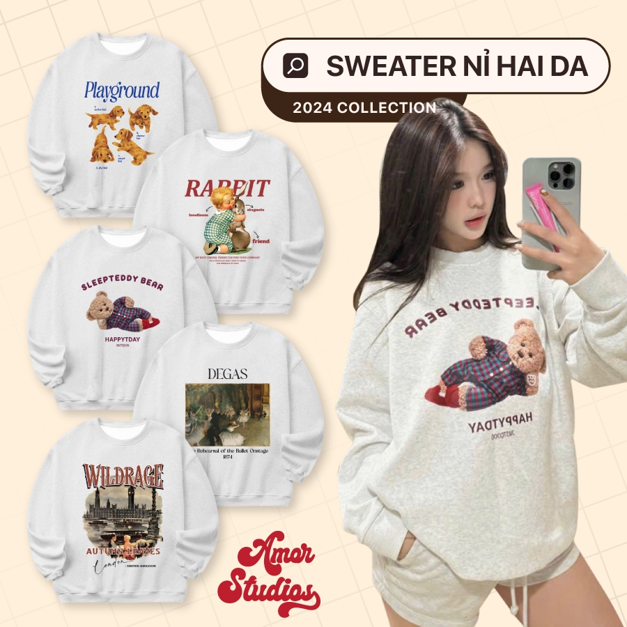 (BST 2024) Áo sweater nỉ tiêu unisex AMORSTUDIO nam nữ mặc được có size tới 85kg-thoitrangcenter