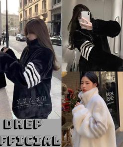 Áo khoác lông thỏ thome sọc kẻ tay cao cấp