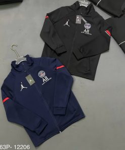 Áo khoác bomber nam nữ vải nỉ da cá PS cổ trụ cao trước ngực dệt hình người logo paris tròn chữ All thêu vạch đỏ tay-thoitrangcenter