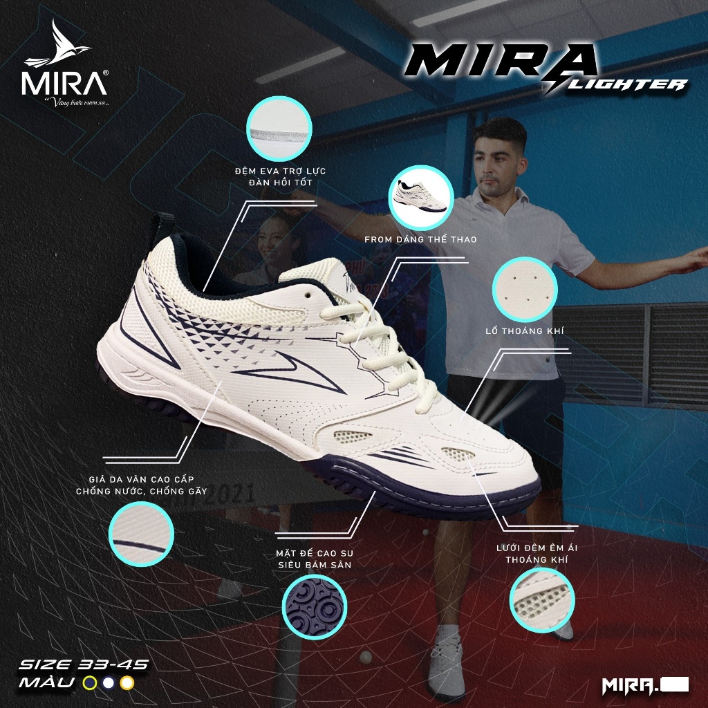 Giày Bóng Bàn Mira Lighter Nam Nữ Chính Hãng Màu Trắng Đồng - Đế Kép Eva Chống Trượt Tặng Tất Dệt Kim-thoitrangcenter