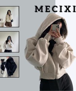 Áo khoác nỉ croptop Mecixi áo hoodie zip dáng ngắn form rộng mũ to khoác thu đông có túi T015-thoitrangcenter