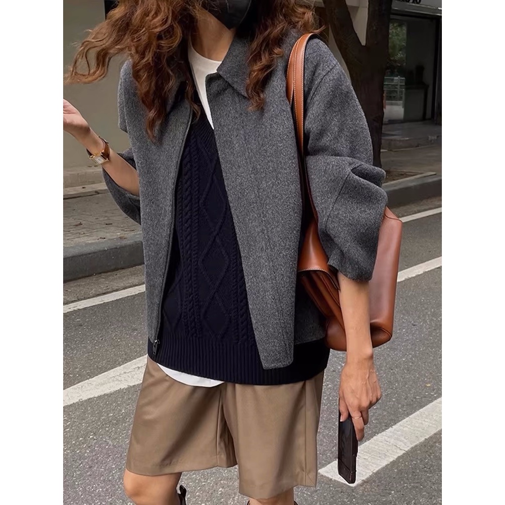 - SẴN Áo khoác dạ ép dài tay cổ bẻ khoá rút trơn màu dáng vừa phong cách đơn giản-thoitrangcenter