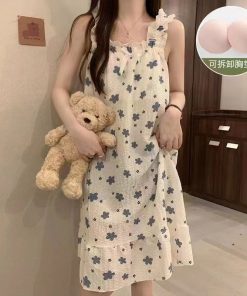 Váy ngủ cho nữ váy mặc nhà có đệm ngực chất đũi cho mùa hè phong cách ngọt ngào dễ thương-thoitrangcenter