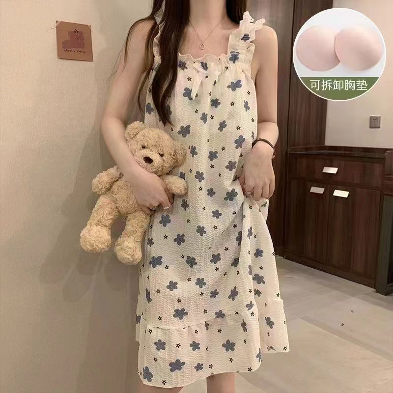Váy ngủ cho nữ váy mặc nhà có đệm ngực chất đũi cho mùa hè phong cách ngọt ngào dễ thương-thoitrangcenter