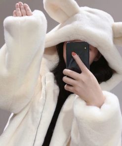 Áo khoác lông quả bông mũ tai thỏ dầy dặn siêu ấm áp bất chấp rét đại hàn thời trang hàn quốc-thoitrangcenter