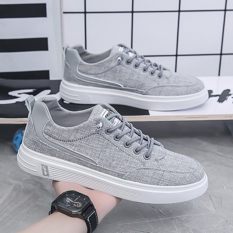 Giày Sneaker Thể Thao Nam Vải Lanh Màu Ghi Kiểu Dáng Mới-thoitrangcenter