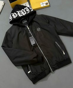 Áo khoác gió có mũ nam Philipp Plein thêu logo sắt ngực mũ nỉ 2 lớp in chữ lót trần bông boy phố AK199P-thoitrangcenter
