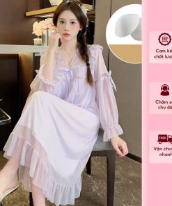 Đầm ngủ thu đông cổ V dài tay dành cho nữ
