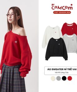 Áo Sweater Trễ Vai Nỉ Lông Cáo Logo Mini Nhiều Màu Nữ Tính Thu Đông 2024-thoitrangcenter