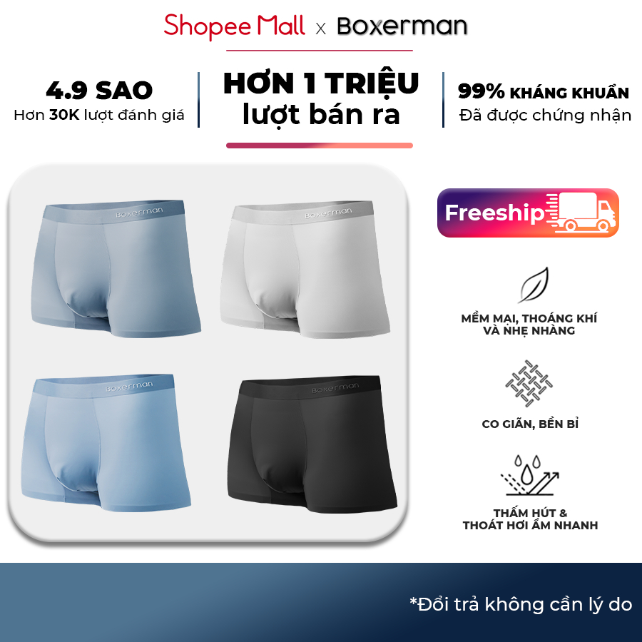 Quần boxer nam PROFIT combo 3 sịp đùi lụa băng BOXERMAN công nghệ Seamless không đường may