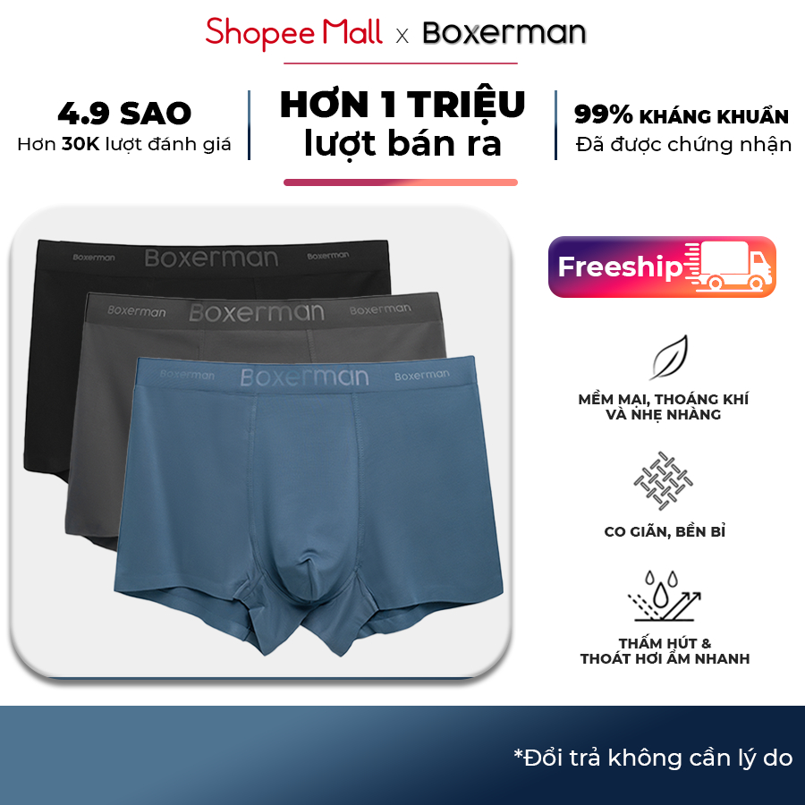 Quần sịp nam combo 3 quần boxer đùi NATURAL BREATH trunk modal gỗ sồi mềm mại kháng khuẩn BOXERMAN-thoitrangcenter