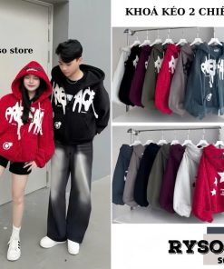Áo Khoác Hoodie Zip Nỉ In Nổi Boxy Three Strars Khoá Kéo Zip 2 Chiều