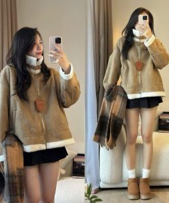 [HÀNG L1] Áo khoác DA LỘN LÓT LÔNG CỪU CỔ BẺ HQ-thoitrangcenter