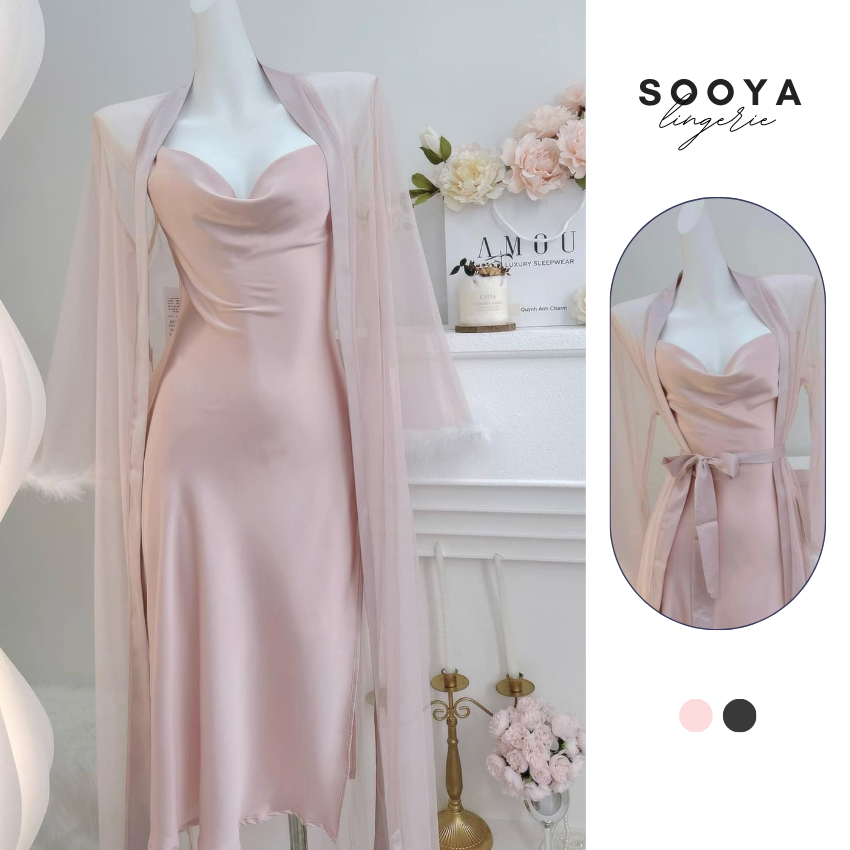 Set Váy Ngủ Lụa Dáng Dài Kèm Áo Choàng Đính Lông Cao Cấp Mặc Nhà Sooya N027-thoitrangcenter
