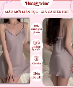 [HÀNG MỚI VỀ] Váy Ngủ Lụa Satin Hai Dây Cổ V Bèo Nhún Honey Wear Đầm Ngủ Lụa Satin Dáng Suông Mặc Nhà A109-thoitrangcenter